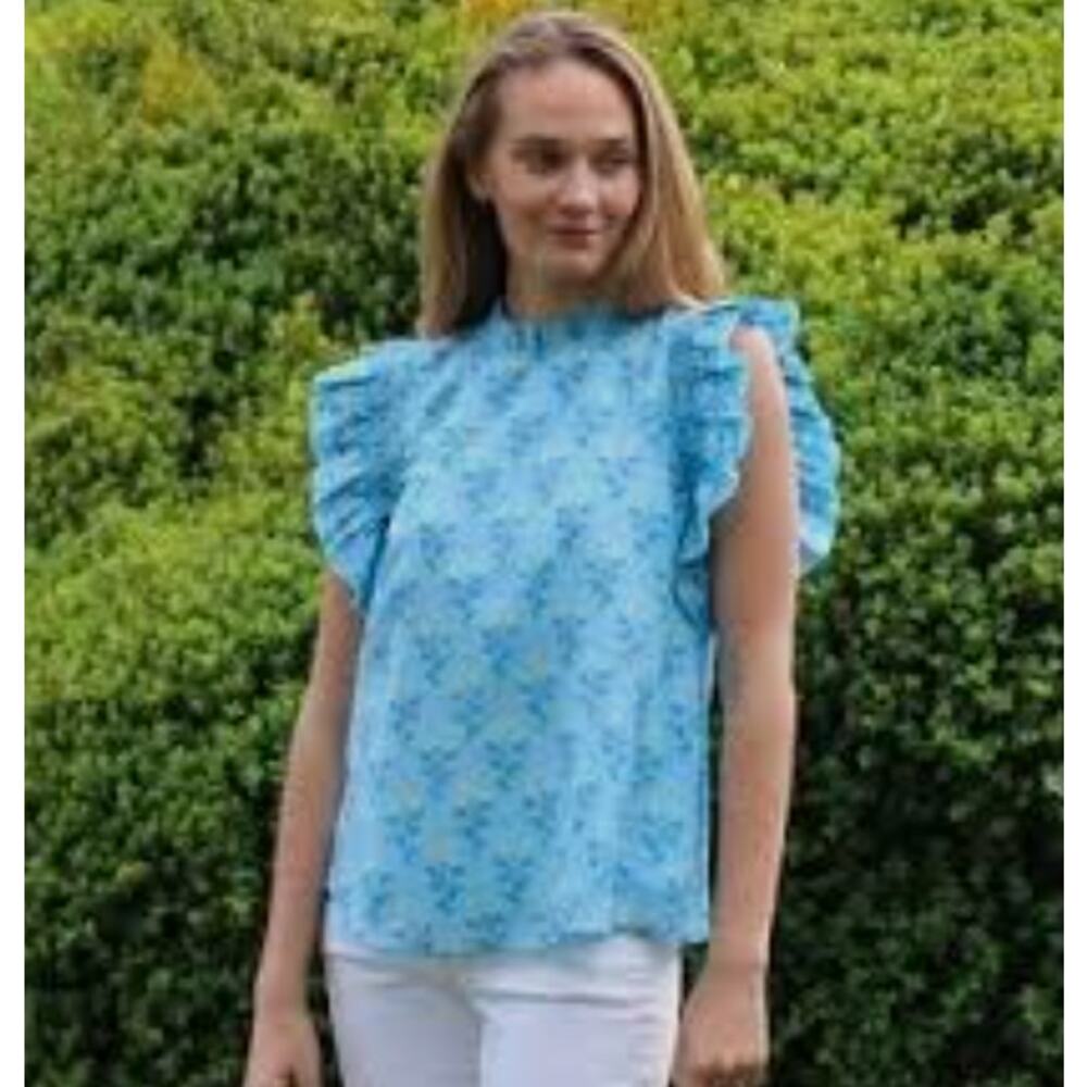 J. Marie Flutter Sleeve Ruffled Floral Top Blue Size‎ Small